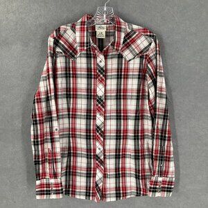 Ariat Top Women's L Red Plaid‎ Fitted Snap Embroidery Western Cowgirl Rodeo